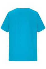 A blue men's stretch casack featuring a simple, short-sleeved design. It has a plain back and includes a logo.