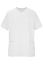 A white men's stretch casack with short sleeves and two front pockets, featuring a logo.