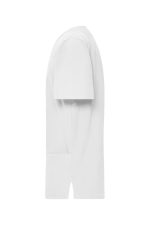 A white men's stretch casack with short sleeves and a logo on the side.