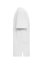 A white men's stretch casack with short sleeves and a side pocket, featuring a logo on the fabric.
