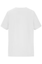 A white men's stretch casack with short sleeves and a plain back. Features a logo on the garment.