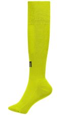 A pair of bright yellow knee-high sports socks featuring a logo. Ideal for team uniforms.
