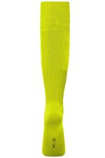 Bright yellow sports socks with a ribbed design and a logo near the ankle.