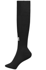 Knee-high black sports sock with a logo displayed on the side. Ideal for team uniforms and athletic activities.