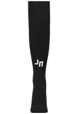 A pair of long black sports socks with a logo on one side. Ideal for team uniforms or athletic wear.