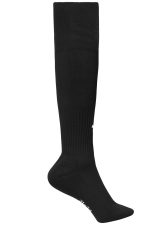 Black knee-high sports socks with a ribbed design, featuring a logo. Ideal for team uniforms or sports activities.