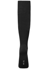 Black sports socks featuring a ribbed design and a logo, ideal for team uniforms or sports activities.