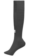 A pair of grey sports socks, knee-high with a logo on the side, suitable for team uniforms.