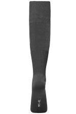 A pair of grey sports socks with a logo, featuring a knee-high design and ribbed texture.