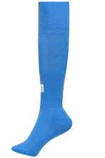 Bright blue knee-high socks featuring a logo, designed for sports uniforms.
