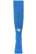 A pair of blue sports socks with a logo on one side, featuring a knee-high design.