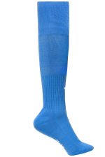 A pair of knee-high sports socks in a vibrant blue colour, featuring a logo.