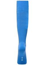 A blue sports sock with a ribbed design and a logo on the side.