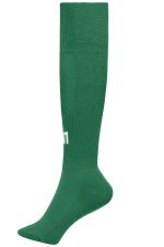A green sports sock with a knee-high design and a logo on the side.