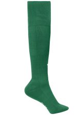 A pair of green knee-high sports socks with a ribbed design and a logo near the ankle.