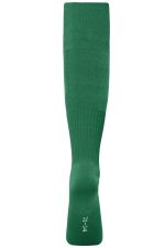 A pair of long green sports socks with a ribbed texture and a logo on one side.