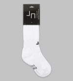 White sports socks packaged on a card, featuring elastic cuffs and a logo.