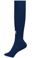 A pair of navy blue knee-high sports socks with a logo on one side.