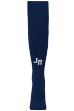 A pair of navy blue sports socks featuring a logo on one side.
