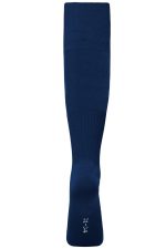 A pair of navy sports socks with a branded logo, featuring a ribbed design and a knee-high style.