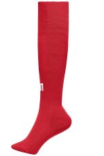 Red sports socks with a knee-high design and a logo. Ideal for sports uniforms.