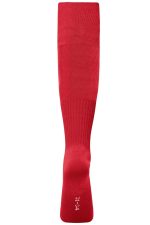 Red sports socks with a ribbed design, featuring a logo. Ideal for team uniforms or sporting activities.