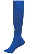 A pair of knee-high socks in vibrant blue with a logo on the side.