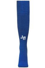 A blue sports sock with a fitted design and a logo near the top.