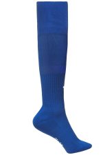 Knee-high sports socks in vibrant blue with ribbed texture and a logo.