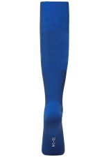 A single blue sports sock with a ribbed design and a logo at the ankle.