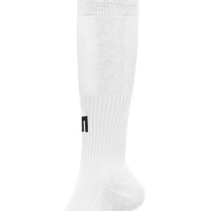 A pair of knee-high white sports socks featuring a logo. Suitable for team uniforms and sports activities.