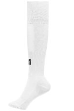 A pair of knee-high white sports socks featuring a logo.
