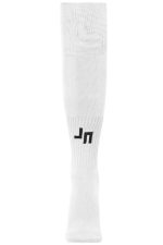 White sports socks featuring a logo. The socks are knee-high and designed for team uniforms.