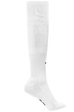 A pair of white sports socks featuring a logo and ribbed design, suitable for sports uniforms.