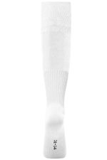 A pair of white sports socks with ribbed detailing and a logo at the sole.
