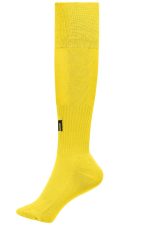 A pair of bright yellow knee-length sports socks with a logo.