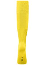 A pair of yellow team socks with a ribbed design, featuring a logo on the sole.