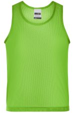 A bright green mesh tank top with a sleeveless design and a round neckline. It features a logo on the label.