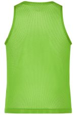 A green mesh sports vest featuring a sleeveless design and a breathable fabric. There is a logo on the back.