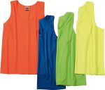 A collection of four tank tops in vibrant orange, blue, green, and bright yellow, featuring a logo on each.