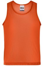 An orange mesh training tank top with a textured fabric and a simple design. It features a label inside the neckline.