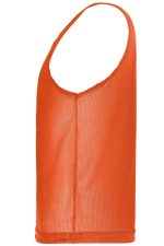 An orange mesh training vest with a sleeveless design and a breathable fabric. It features a logo on the front.