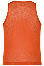 An orange mesh training vest with a breathable design and a backless style. It features a logo on the side.