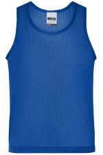 A blue mesh tank top is displayed against a white background, featuring a classic sleeveless design and a branding label.