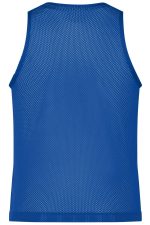 A blue mesh tank top with a sleeveless design, featuring a breathable fabric for comfort.