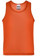 An orange mesh tank top with a round neckline and no sleeves, featuring a label inside.