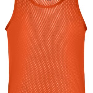 An orange mesh tank top with a round neckline and no sleeves, featuring a label inside.