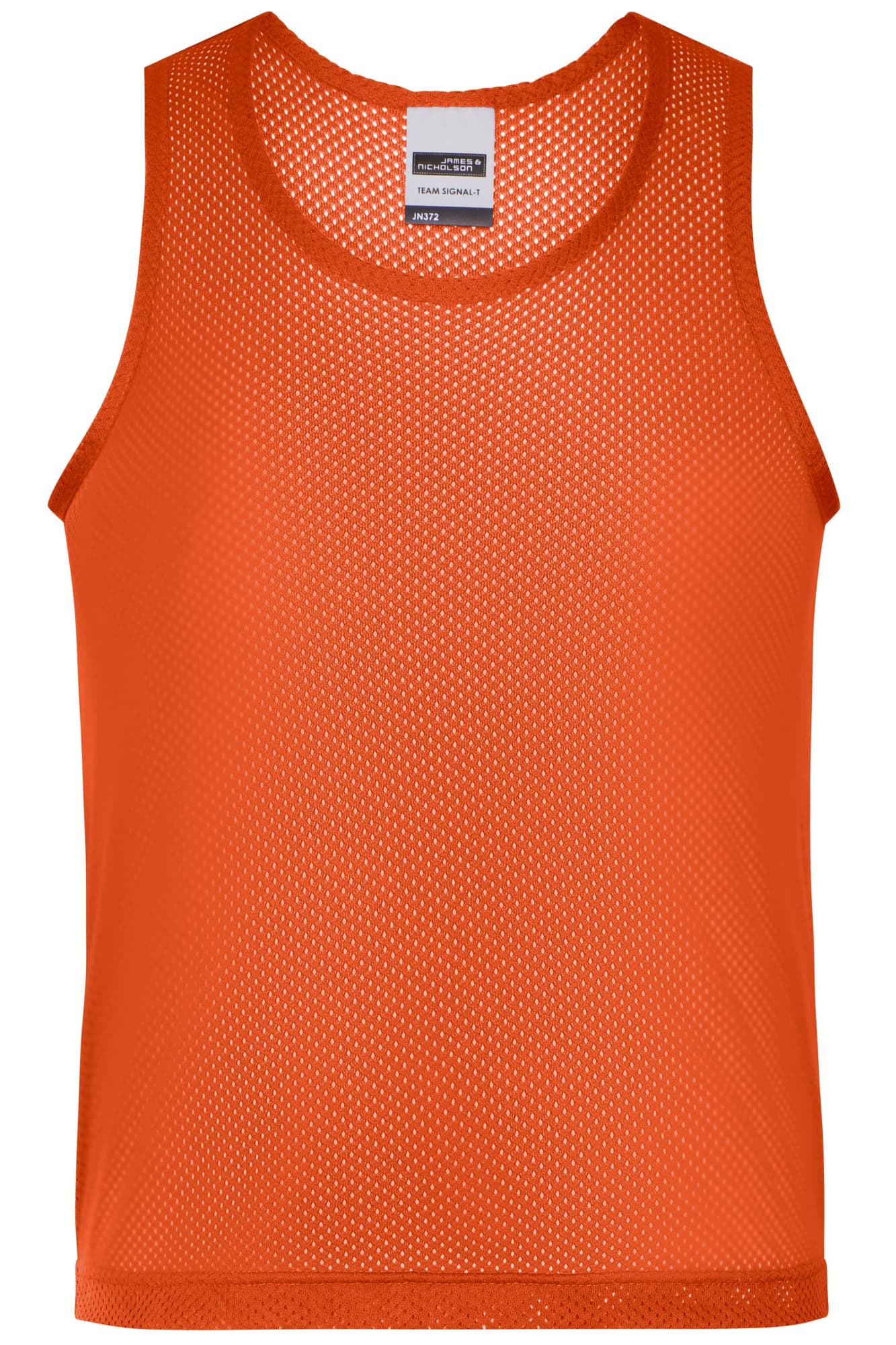 An orange mesh tank top with a round neckline and no sleeves, featuring a label inside. An orange mesh tank top with a round neckline and no sleeves, featuring a label inside.