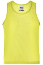 A bright yellow mesh tank top with a crew neck and a logo on the inside label.