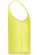 A lightweight, yellow mesh tank top with a scoop neckline and a loose fit. It features a logo on the front.
